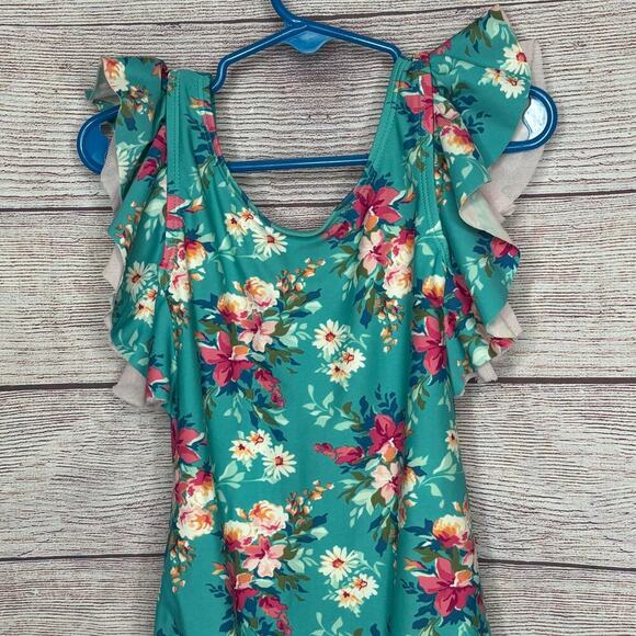 Ruffle Butts Girls Teal Fancy Me Floral Ruffle Bow One Piece Swimsuit Size 6 - Picture 4 of 9